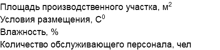 Площадь производственного участка, м2 Условия размещения, С0 Влажность, % Количество обслуживающего персонала, чел
